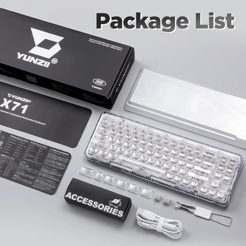 Package contents for Compact Wireless Mechanical Keyboard Featuring Hot Swap Switches And Clear Caps For Streamlined Desk Setup.