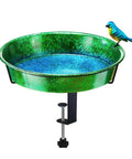 Heavy Duty Deck Mounted Bird Bath And Feeder For Patio Rails 11.5 Inch Sturdy Metal Basin with green and blue design.