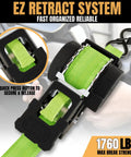 Heavy Duty Retractable Ratchet Straps Made To Haul Your Rig Without The Headache One Inch By 12 Feet With A Serious 1760 Pound Breaking Strength engine for quick release and tension adjustment.