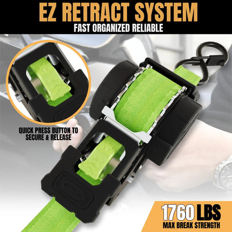Heavy Duty Retractable Ratchet Straps Made To Haul Your Rig Without The Headache One Inch By 12 Feet With A Serious 1760 Pound Breaking Strength engine for quick release and tension adjustment.