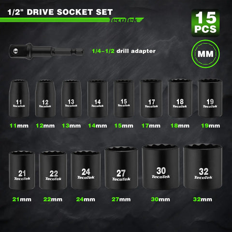 Heavy Duty Workhorse Half Inch Drive Shallow 12-Point Metric Impact Socket Set, 15-Piece, Cr-V Chrome Vanadium, 11mm to 32mm, Drill Socket Adapter Included