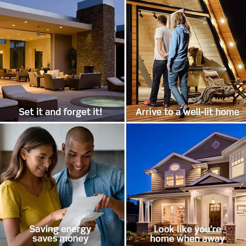 Programmable And Astronomical Timer Switch For Lights And Motor Loads with people at home, well-lit house, and couple reading bill.