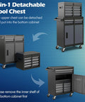 Built Tough 5 Drawer Tool Chest With Detachable Toolbox And Lockable Wheels Rolling Cabinet For Garage Workshop 2 In 1 Metal Storage Cart With Top Tray Tool Rack And Protective Liner shown assembled with detachable toolbox feature.