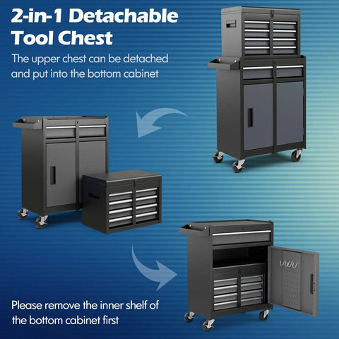 Built Tough 5 Drawer Tool Chest With Detachable Toolbox And Lockable Wheels Rolling Cabinet For Garage Workshop 2 In 1 Metal Storage Cart With Top Tray Tool Rack And Protective Liner shown assembled with detachable toolbox feature.