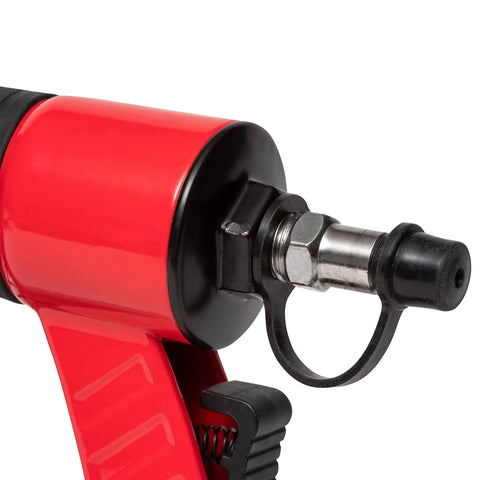 Close-up of Oil Free 18 Gauge Pneumatic Brad Nailer for small trim and molding, showing tool head and trigger details.