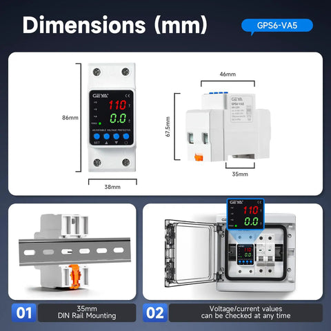 Adjustable Over and Under Voltage Protector With Digital Display For 110V DIN Rail Mount Reads Voltage Current And KWH In Real Time Keeps Your Gear Safe From Surges, 35mm DIN rail