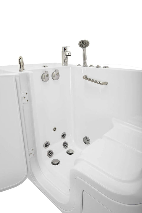 30X52 Wheelchair Accessible Transfer Walk In Tub featuring Hydro Microbubble Soaking Pool and fast fill faucet.