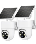 2K Solar Wireless Outdoor Security Cameras 2 Pack With 360 Degree Panoramic View Color Night Vision And Four Times Digital Zoom For Your Home Security Setup Works With 2.4GHz WiFi Only Weatherproof Outdoor Cameras showing front view with solar panels