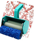 Top Tier 5 Inch Pattern Texture Paint Roller With Grippy Embossed Handle For Swift Diy Wall Murals And Slick Latex Coating That Covers Imperfections Like A Badass Champion with blue textured roller and green handle.
