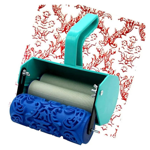 Top Tier 5 Inch Pattern Texture Paint Roller With Grippy Embossed Handle For Swift Diy Wall Murals And Slick Latex Coating That Covers Imperfections Like A Badass Champion with blue textured roller and green handle.
