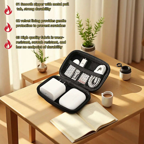Road Ready Hard Shell Tech Organizer Case With Water Repellent Coating and Shock Absorbing Build designed for packing cables and chargers, displayed open with contents.