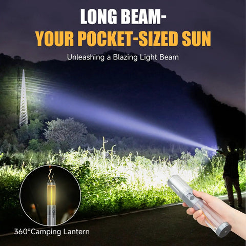 Outdoor scene with 2 In 1 Rechargeable Camping Lantern And Flashlight with 6 Mode LED beam lighting up a hillside at night.