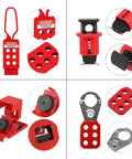 OSHA Compliant Lockout Tagout Kit with Clamp On Circuit Breaker Locks Hasps, shown with padlocks and lockout devices