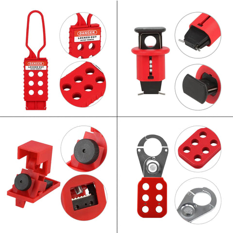 OSHA Compliant Lockout Tagout Kit with Clamp On Circuit Breaker Locks Hasps, shown with padlocks and lockout devices