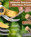 Close-up of Two Piece Garden Pruning Shears Set With Pro Grade SK5 Blade Pruner cutting a branch, highlighting blade sharpness.