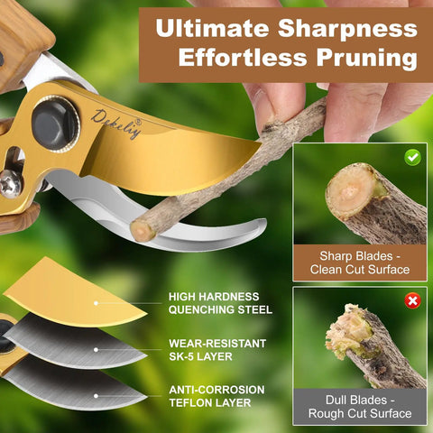 Close-up of Two Piece Garden Pruning Shears Set With Pro Grade SK5 Blade Pruner cutting a branch, highlighting blade sharpness.