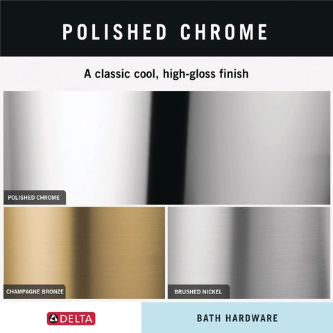 Polished chrome, champagne bronze, brushed nickel finishes for bath hardware, showcasing high-gloss and matte textures.