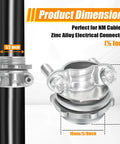 Thirty Six Pack 1/2 Inch Clamp Type Cable Connectors For Romex And Electrical Wire Zinc Alloy Heavy Duty Wire Clamps showing product dimensions.