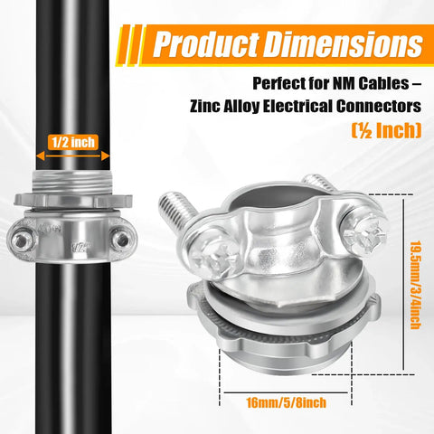 Thirty Six Pack 1/2 Inch Clamp Type Cable Connectors For Romex And Electrical Wire Zinc Alloy Heavy Duty Wire Clamps showing product dimensions.