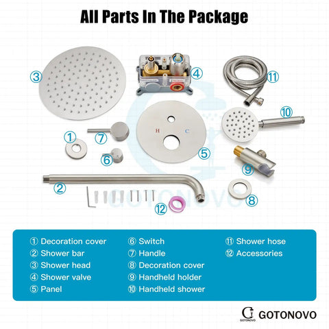 Rainfall Shower System With 10 Inch Round Showerhead And Handheld High Pressure Faucet Set Brushed Nickel Finish Includes Rough In Valve And SUS 304 Stainless Steel Construction For Durable No Fuss Easy Install parts layout