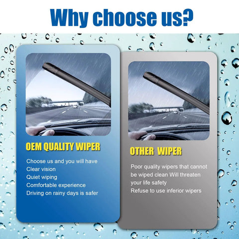 Heavy Duty Wiper Blades Three Pack For 2019 2020 2021 2022 2023 Hyundai Santa Fe Xl comparison image showing OEM vs poor quality wipers.