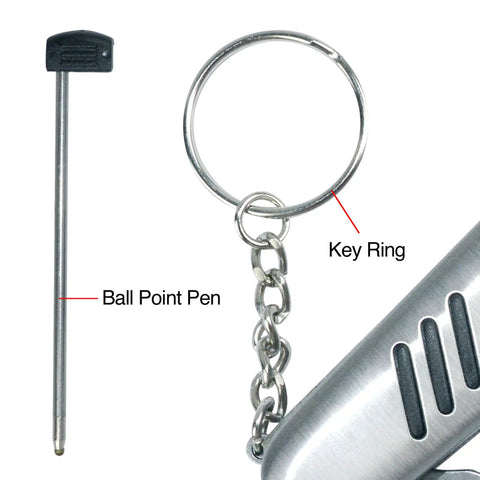 All In One Golf Multi Tool With Divot Repair Tool Ball Marker And Club Groove Brush Pen And Keyring, focus on pen and keyring detail.
