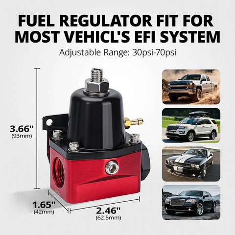 EVIL ENERGY fuel pressure regulator, 6AN EFI bypass, adjustable 30–70 psi; red body with black cap.