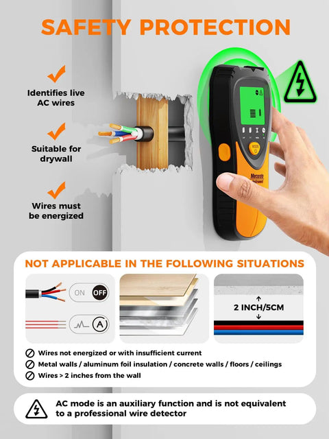 Five In One Stud Finder Wall Scanner with LCD Display used on drywall to detect live wires and wood studs