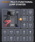 Beefy 6000A Jump Starter With Air Compressor for Cars and 14L Diesel Engines shown with LED display and jumper cables