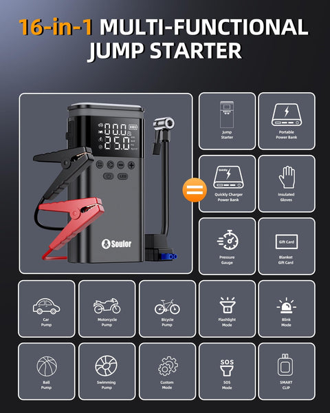Beefy 6000A Jump Starter With Air Compressor for Cars and 14L Diesel Engines shown with LED display and jumper cables