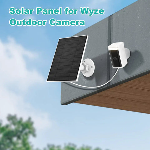 5W Solar Panel Charger For Wyze Battery Cam Pro And Wyze Outdoor V1 V2 With USB C Port IP65 Waterproof mounted on wall