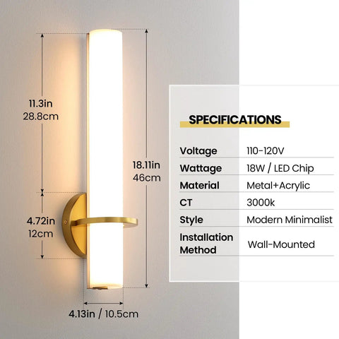 Two Pack Gold Bathroom Wall Sconces 18 Inch Modern LED Dimmable Wall Lights With Acrylic Lampshades, brushed gold finish, specs detailed.