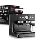 Premium Game Changer Electric Espresso Machine With Integrated Stainless Steel Burr Grinder And High Pressure Milk Frother Steam Wand For Straight Up Barista Style Brewing At Home In Classic Black in front view with coffee grinder.