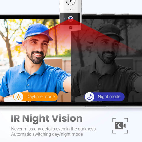 Wireless Wi-Fi Video Doorbell Camera With Two-Way Audio For Outdoor Front Door No-Brainer Easy Install Night Vision And Cloud Storage 2 4G Wi-Fi Video Doorbell With Chime Home Security System White displaying daytime and night vision modes.