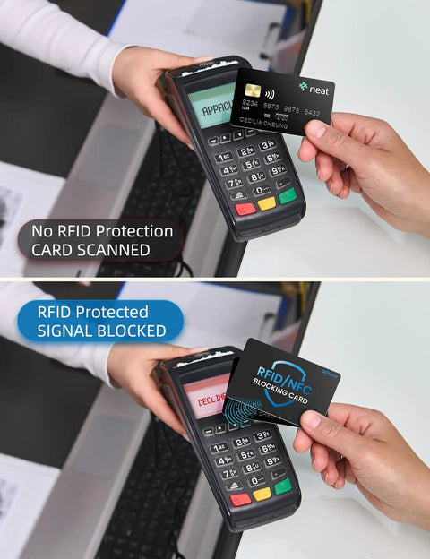 Comparison of card scan with and without RFID Blocking Card 6 Pack No Skimming Wallet Shield Anti Theft NFC Blocker.