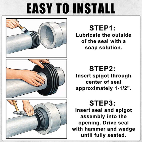 Easy installation steps for Four Inch Cast Iron Hub To PVC Adapter Sewer Pipe Repair Kit Four Pack With Flexible Seal Fittings.