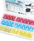 Front view of a plastic case containing 100 nylon insulated spade quick-disconnect terminals in red, blue, and yellow.