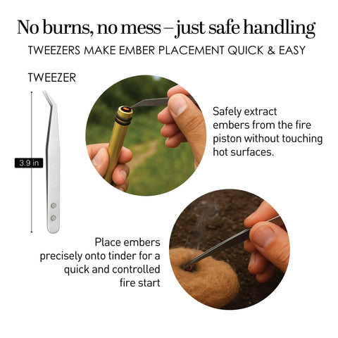 Tweezers in 2 In 1 Fire Piston And Ferro Rod Starter Kit For Campfires Must Have Survival Gear Easy Fire Starting Piston Compression Starter Tool Outdoor Adventure Gift For Men demonstrating ember handling.