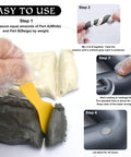 Two Part Epoxy Putty For Underwater And Above Water Repairs 8oz Pool Putty steps showing mixing, application on leak, and setting time