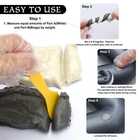 Two Part Epoxy Putty For Underwater And Above Water Repairs 8oz Pool Putty steps showing mixing, application on leak, and setting time