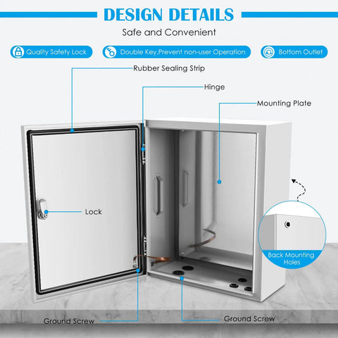 Heavy Duty Tough As Nails Outdoor Electrical Enclosure Box 20x12x10 Inches IP66 Weatherproof Junction Box open showing lock and mount plate