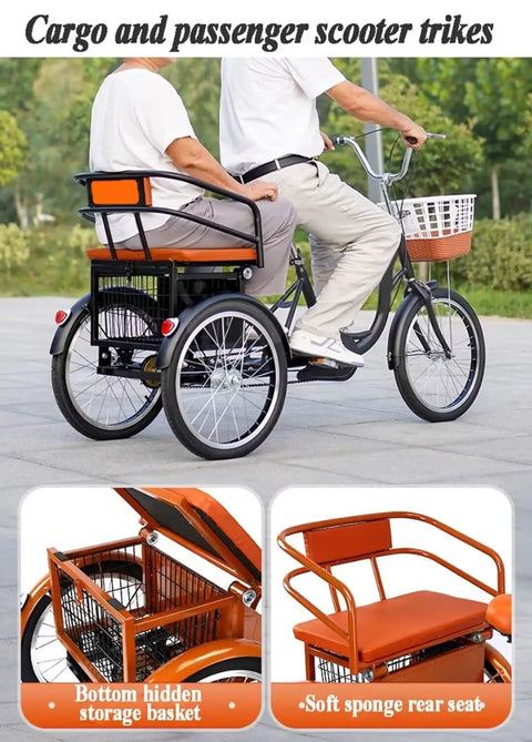 Pink 3 Wheel Pedal Tricycle With Back Seat And Safety Belt Front Caliper Brake Outdoor Bike with two riders, large seat