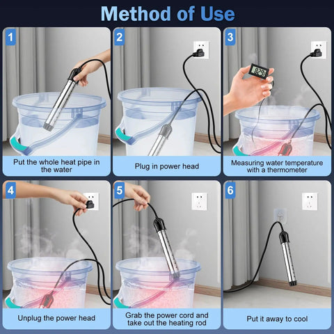 Steps showing the 2000W Immersion Water Heater With Digital Thermometer, Quick Heat Magnesium Oxide Element, Auto Shutoff For Small Pools, Bathtubs, Buckets And Tanks, Safe And Easy Hot Water On Demand in use.