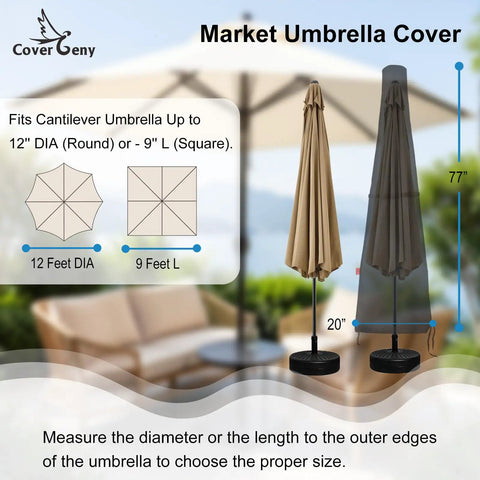 Universal 9 To 12 Foot Market Umbrella Cover Waterproof 600D Heavy Duty No Hassle Zipper demonstration with sizing guide