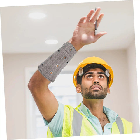 Heavy Duty Cut Resistant Wrist Sleeves For Men And Women Beefy Arm Guards featuring a worker in a helmet reaching up, showing protection.