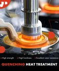 Close-up of a metal part undergoing quenching heat treatment for increased strength and wear resistance.