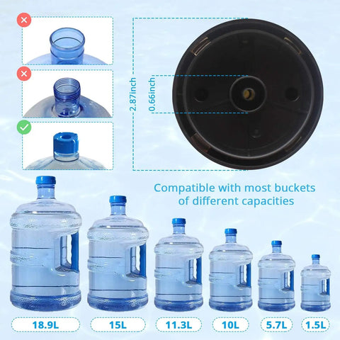 5 Gallon Water Dispenser With Pump Automatic Water Jug Dispenser For Bottled Water USB Powered With On Off Switch Fits Most Camping Kitchen Workshop Garage BPA Free Food Grade Hose Black showing compatibility with various bottle sizes