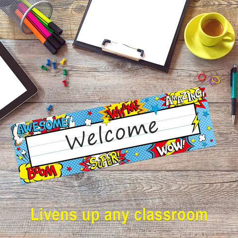36 Pack Classroom Name Plates For Kids With Large Writing Space on wooden desk with colorful supplies and tablet
