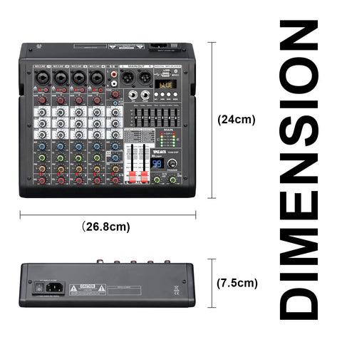 Dimensions of 6 Channel DJ Audio Mixer With 99-Bit DSP Effects And 7 Band EQ, 48V Phantom Power, 26.8x24x7.5cm