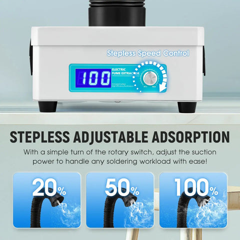 Desktop Solder Fume Extractor With Adjustable Speed And LED Display Three Stage Filters showing speed control dial and LED panel